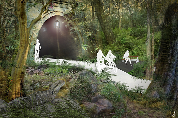 Artist representation of people walking and cycling in Glenbrook tunnel