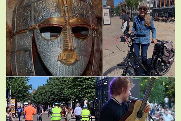 The Sutton Hoo treasure (BBC/UK), E-bike commuters and holidaymakers (Ben Triefus), Ed Sheeran (BBC/UK)
