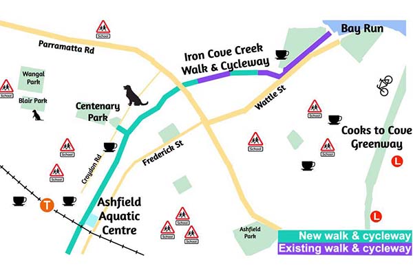 Map showing the proposed route in green (Friends of Iron Cove Creek) 600x400web