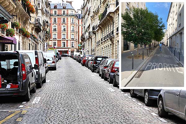 The city’s ongoing project to remove 70,000 parking spaces will allow car-clogged residential streets to emerge as tree-lined ‘pietons priorite’ spaces with wide footpaths and low vehicle speeds. Source: iStock (left), Bicycle NSW (right)