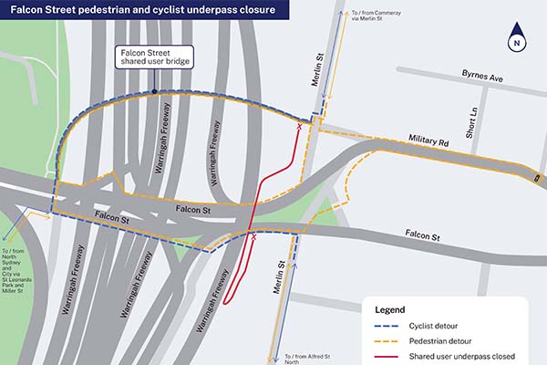 The detour proposed by the project team for pedestrians and cyclists after the removal of the shared path underpass. 