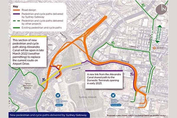 A map showing the Active Transport Link delivered by Sydney Gateway.  The section is yellow has been open since June 2022 (Source: TfNSW)