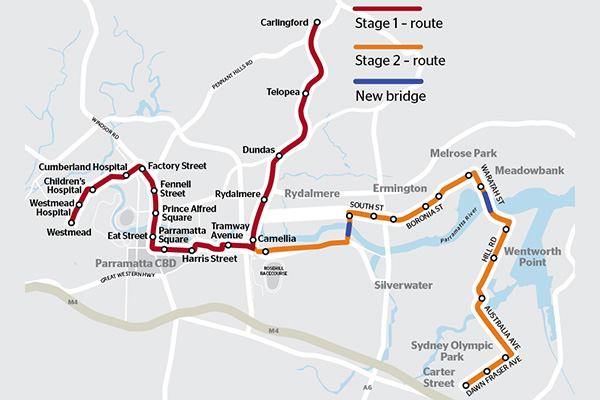 The route for Stage One (in red) and Stage Two of the Parramatta Light Rail (Source: Sydney Morning Herald)