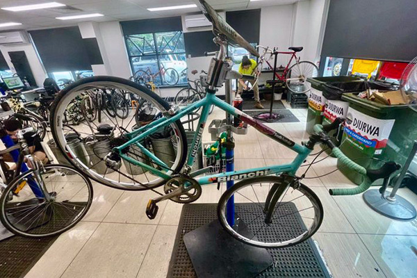 This beautiful Bianchi from the SA road racing team was once an Olympic gold medalist’s training bike. Revolve RECYCLING Alexandria premises (Photo: courtesy Revolve RECYCLING)