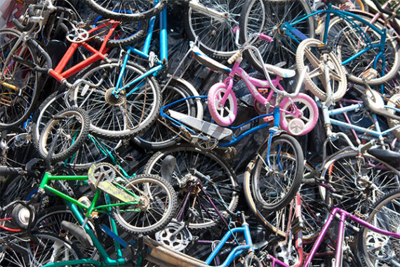 A mountain of bicycles waiting to be recycled.Photo iStock: credit: smkstoll