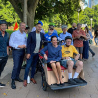 Councillor HY William Chan, Minister Rob Stokes, Alex Greenwich MP, Mayor Clover Moore, Adrian Boss OAM and Warren Salomon (Bike East) celebrate the reopening of College Street Cycleway (Photo: Great for Biz)