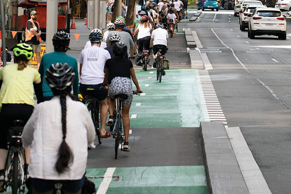 Better Streets Riders make their way up the newly installed King Street Cycleway in Sydney’s CBD. (Photo: Better Streets NSW)