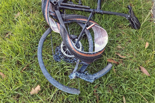 Entitlement gone berserk. Bike remnants after being dragged 100m beneath the offenders car